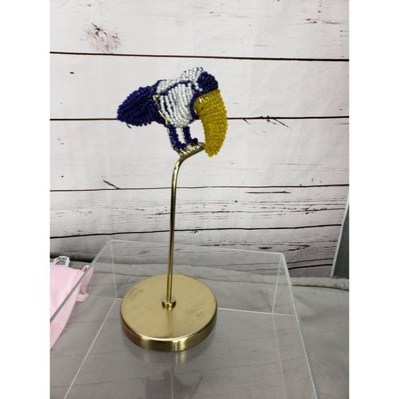 Opal House Blue & White Beaded Bead 8.5" Toucan‎ Figurine Gold Tone perch Stand - Picture 2 of 10